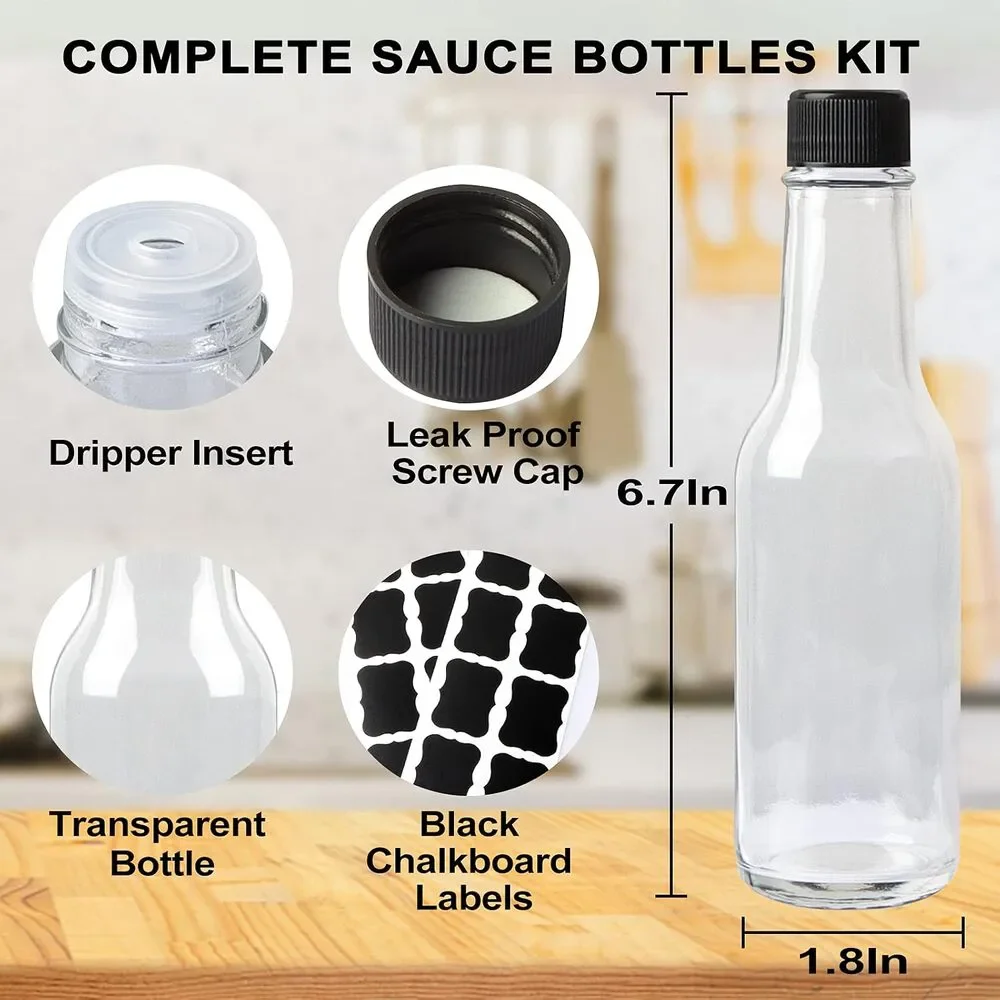 30 Pack Sauce Bottles, 5oz Clear, Black Caps, Snap On Dripper Inserts, Labels